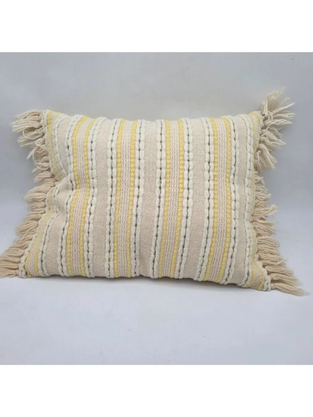 MCM Yellow & Cream Striped Woven Throw Pillow Fringe Accents 20